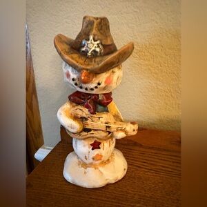 Rustic Ceramic Christmas Snowman Bobblehead Figurine with Guitar